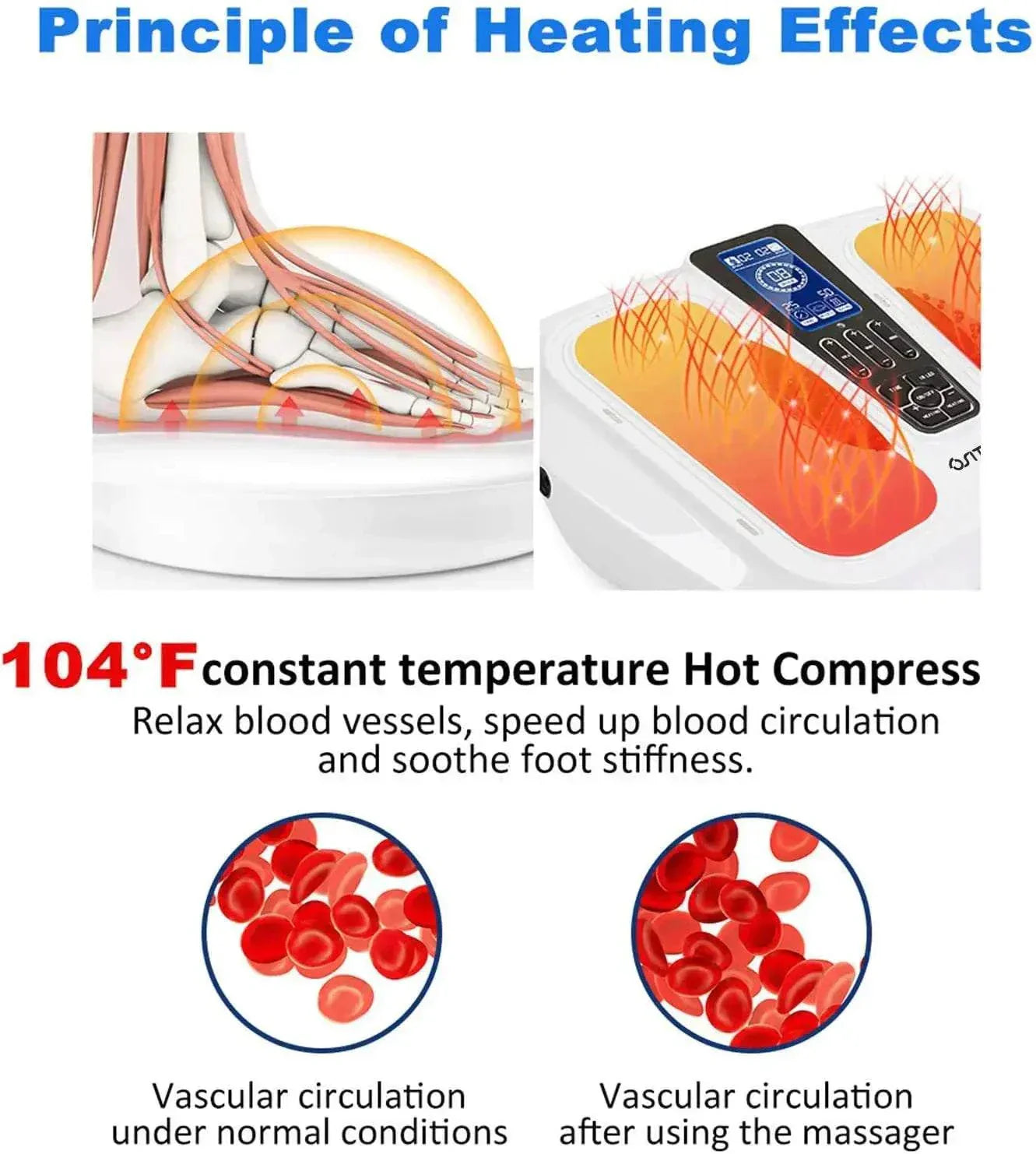 Ultimate EMS TENS Foot Massager with heating effects to improve blood circulation and relieve pain.