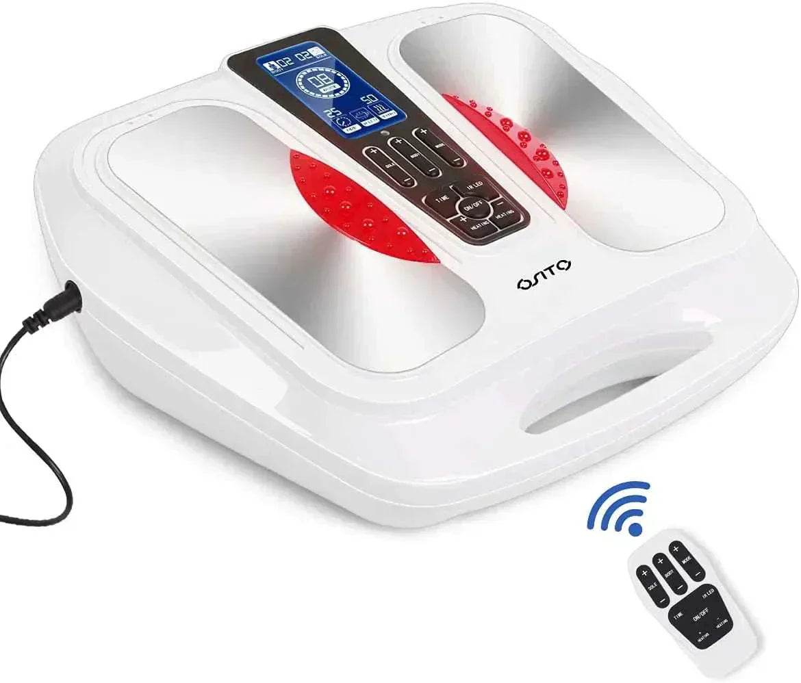 Ultimate EMS TENS Foot Massager with LCD display and remote control for pain relief and improved blood circulation.