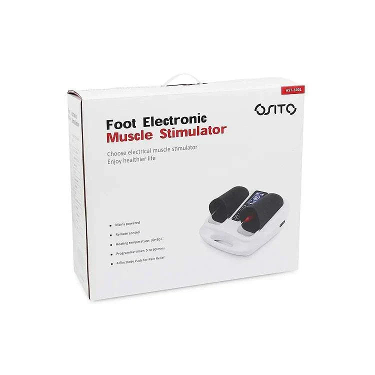 Ultimate EMS TENS Foot Massager in packaging, designed to enhance blood circulation and relieve foot pain.