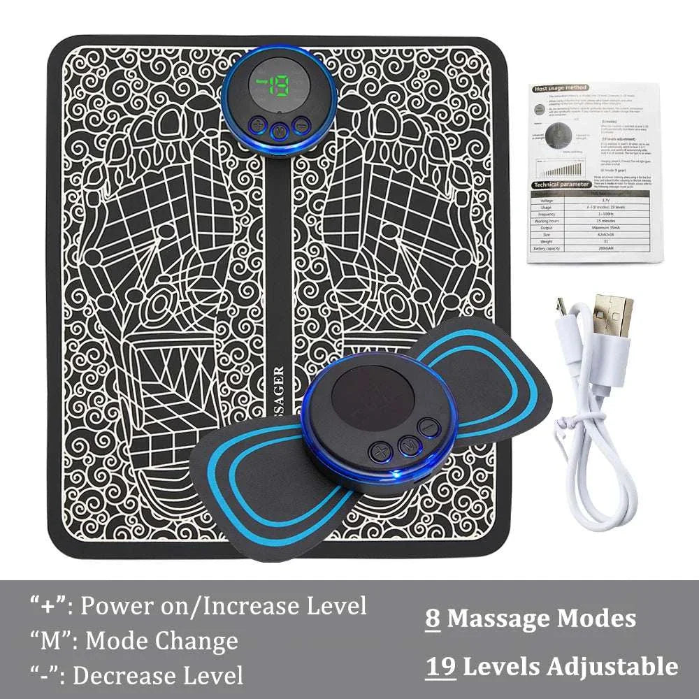 EMS foot massager mat with 8 modes and 19 adjustable levels, foldable and rechargeable electric TENS foot stimulation pad for muscle relaxation and pain relief