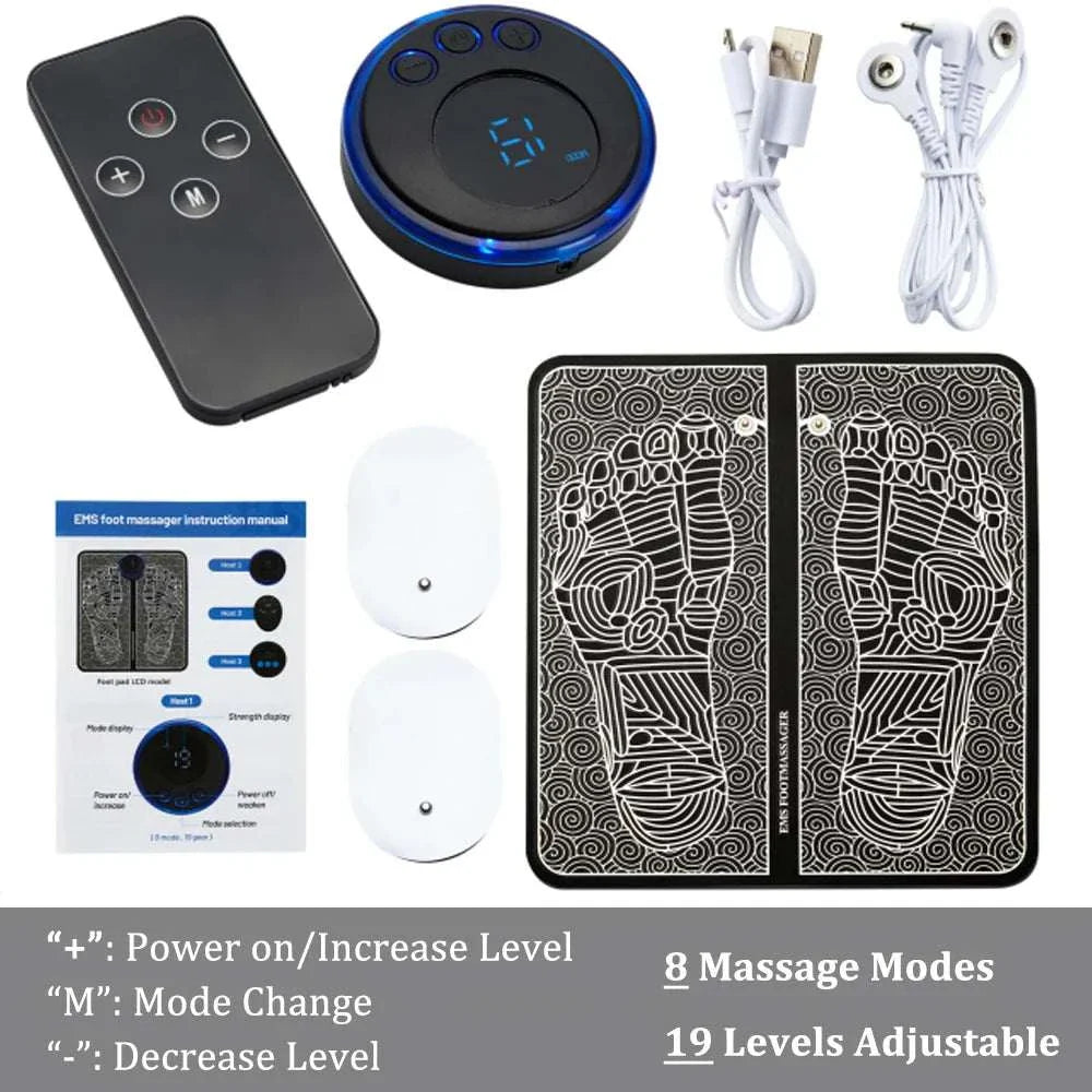 EMS foot massager mat with remote control, 8 massage modes, 19 intensity levels, foldable design, and rechargeable components for muscle stimulation and pain relief.