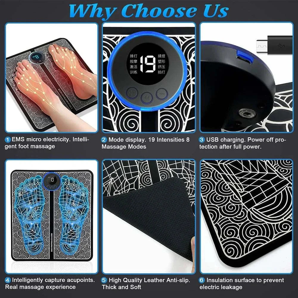 EMS foot massager mat with 19 intensity levels, 8 massage modes, USB charging, anti-slip leather surface, and intelligent acupoint massage for muscle stimulation and pain relief.
