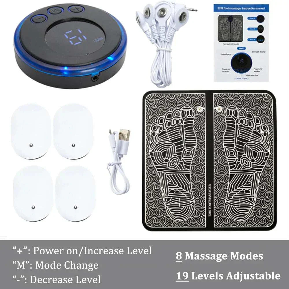 EMS foot massager mat with electric TENS therapy, foldable massage pad, 8 modes, 19 intensity levels, muscle stimulation, and accessories for foot relaxation and pain relief