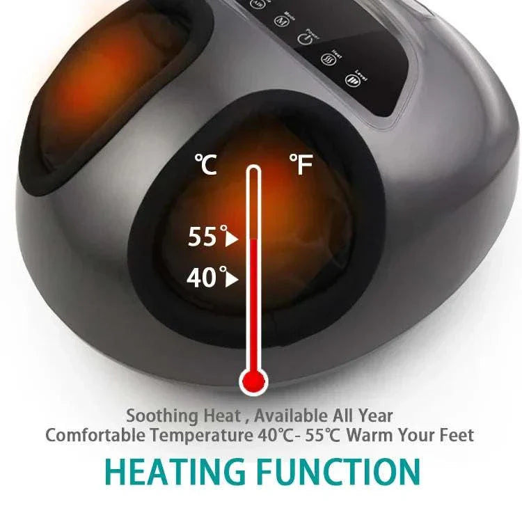 Shiatsu foot massager machine with air compression and deep kneading, featuring heating function.