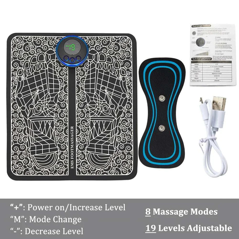 EMS foot massager mat with foldable design, 8 massage modes, 19 adjustable levels, digital display, and included wireless remote and USB charging cable.