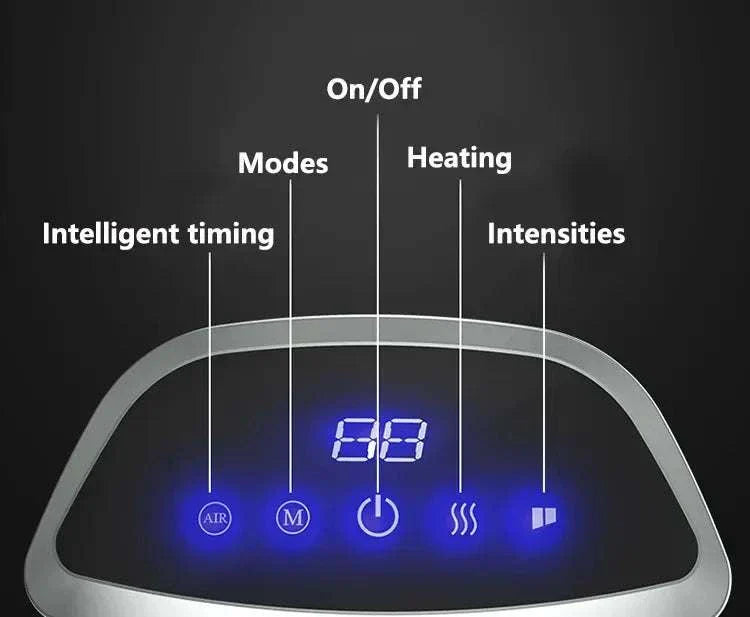 Shiatsu foot massager machine display with intelligent timing, modes, heating, and intensity controls.