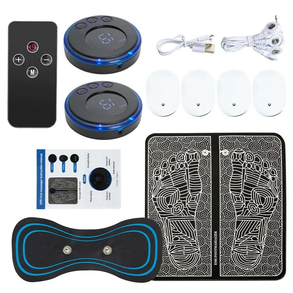 EMS foot massager mat with remote control, muscle stimulation pads, foldable design, and USB charging accessories.