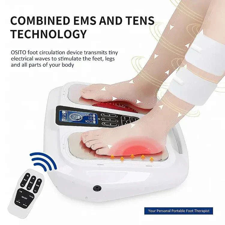 Ultimate EMS TENS Foot Massager with combined EMS and TENS technology, remote control shown.