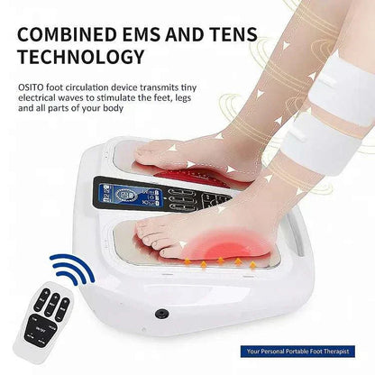 Ultimate EMS TENS Foot Massager with combined EMS and TENS technology, remote control shown.