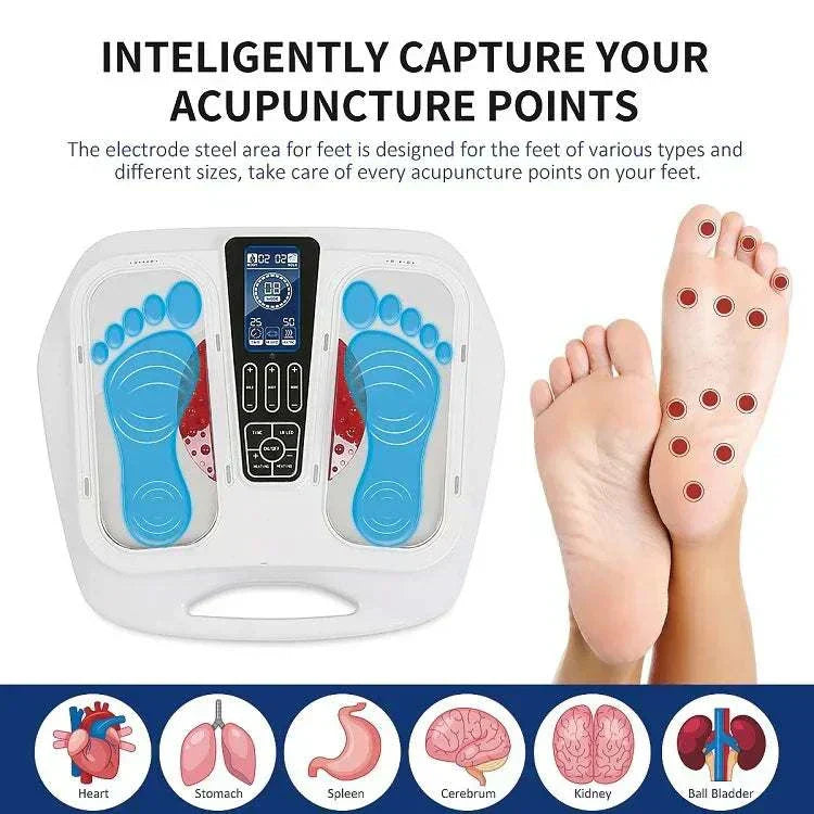 Ultimate EMS TENS Foot Massager with LCD display and reflexology stimulation for pain relief and circulation enhancement.