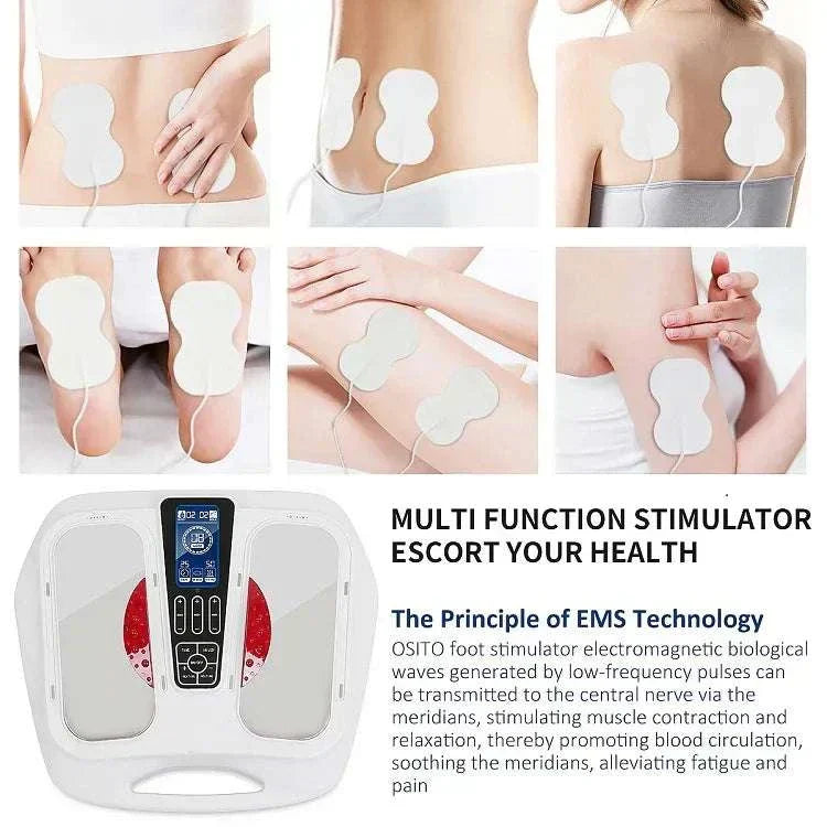 Ultimate EMS TENS Foot Massager with multi-function stimulation pads for improved circulation and pain relief.