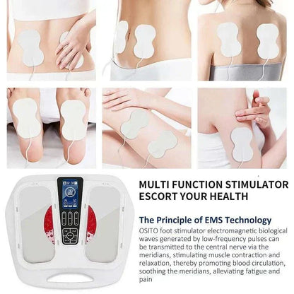 Ultimate EMS TENS Foot Massager with multi-function stimulation pads for improved circulation and pain relief.