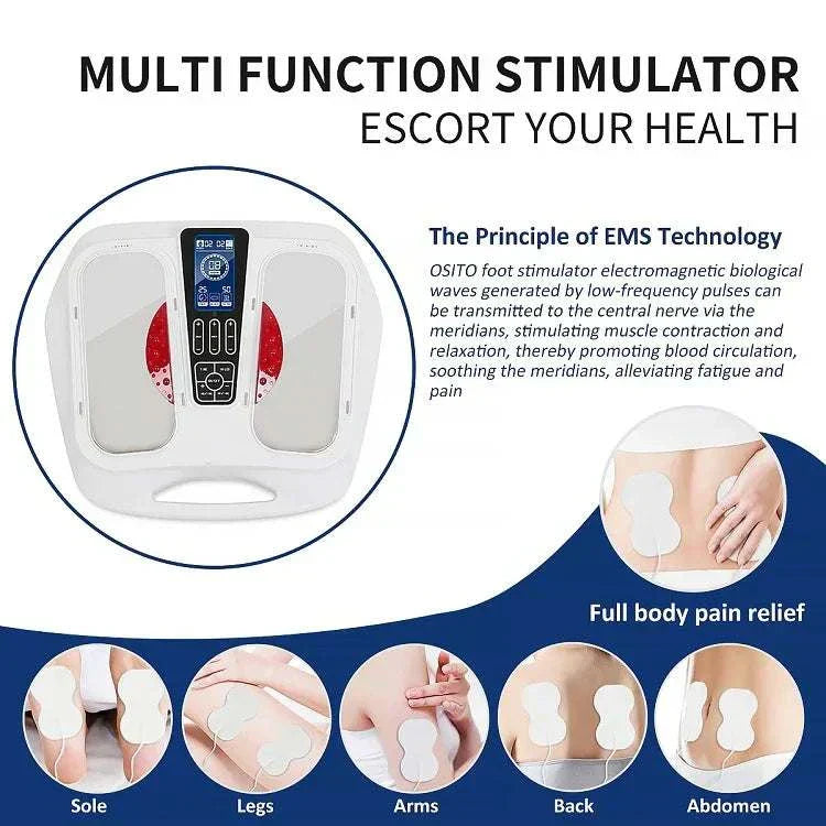 Multi-function EMS TENS Foot Massager for pain relief and blood circulation.