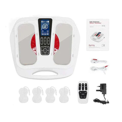 Ultimate EMS TENS Foot Massager with remote, adapter, electrode pads, and manual.