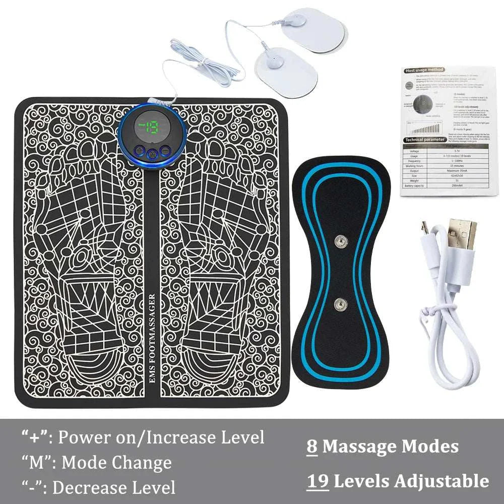 Portable EMS foot massager mat with 8 massage modes, 19 adjustable levels, foldable design, TENS muscle stimulation, and USB charging accessories.