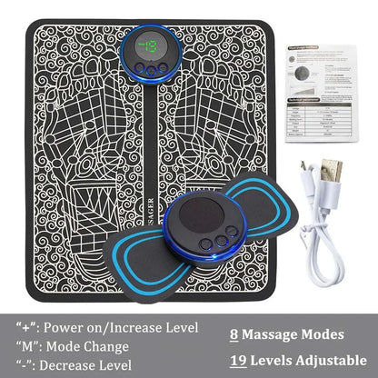 EMS foot massager mat with 8 modes and 19 adjustable levels, foldable and rechargeable electric TENS foot stimulation pad for muscle relaxation and pain relief