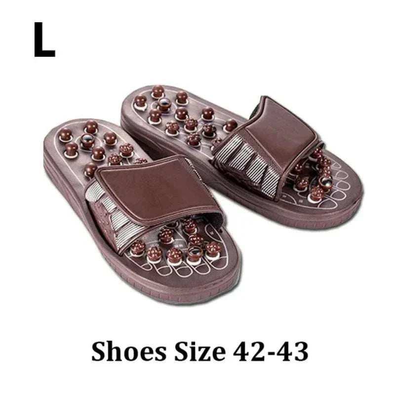 Foot massager acupuncture slippers with acupressure nodes, ergonomic design, adjustable straps, durable materials, and anti-slip soles, shoe size 42-43.