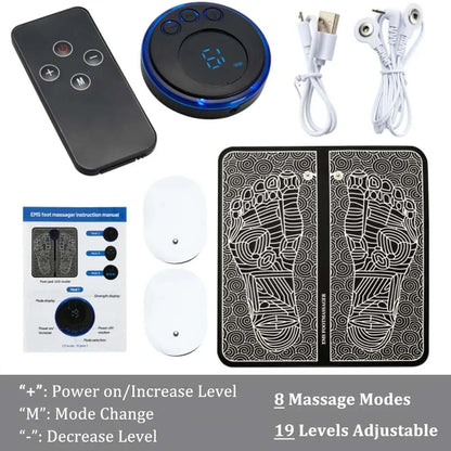 EMS foot massager mat with remote control, 8 massage modes, 19 intensity levels, foldable design, and rechargeable components for muscle stimulation and pain relief.
