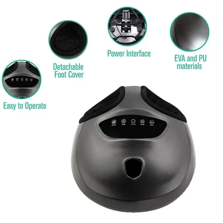 Shiatsu foot massager machine with air compression and deep kneading features, easy operation, detachable foot cover, power interface, and durable EVA and PU materials.