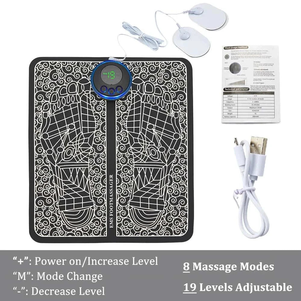EMS Foot Massager Mat with TENS technology, foldable design, 8 massage modes, 19 intensity levels, USB rechargeable, includes electrode pads and user manual