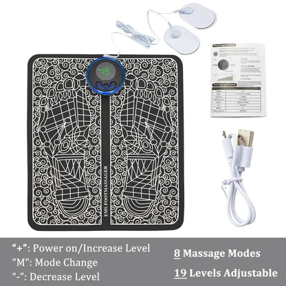 EMS Foot Massager Mat with TENS technology, foldable design, 8 massage modes, 19 intensity levels, USB rechargeable, includes electrode pads and user manual
