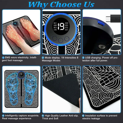 EMS foot massager mat with 19 intensity levels, 8 massage modes, USB charging, anti-slip leather surface, and intelligent acupoint massage for muscle stimulation and pain relief.
