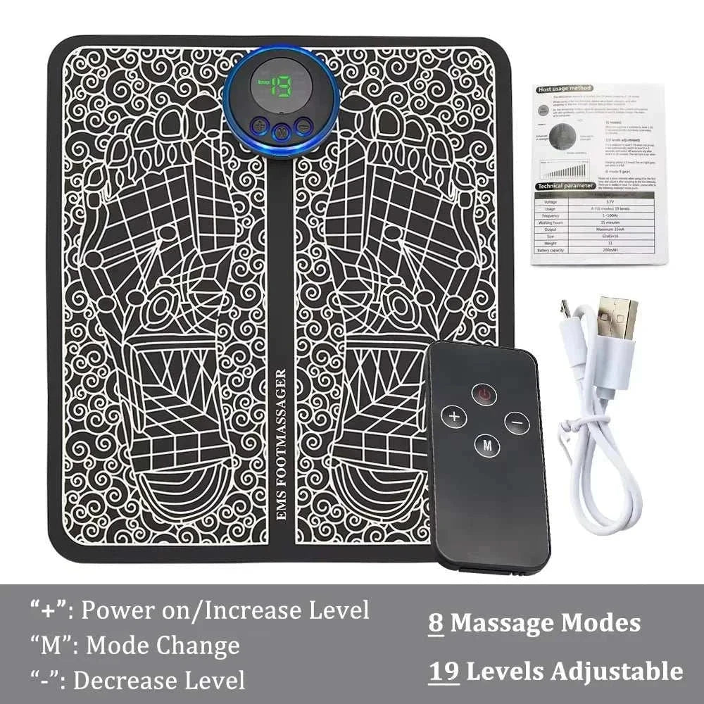 EMS Foot Massager Mat with remote control, 8 massage modes, 19 adjustable levels, foldable design, and included USB charging cable and manual.