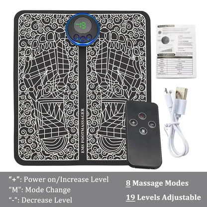 EMS Foot Massager Mat with remote control, 8 massage modes, 19 adjustable levels, foldable design, and included USB charging cable and manual.