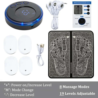 EMS foot massager mat with electric TENS therapy, foldable massage pad, 8 modes, 19 intensity levels, muscle stimulation, and accessories for foot relaxation and pain relief