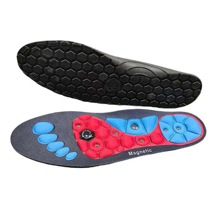 Acupressure insoles with magnetic massage technology for foot fatigue relief and odor control.