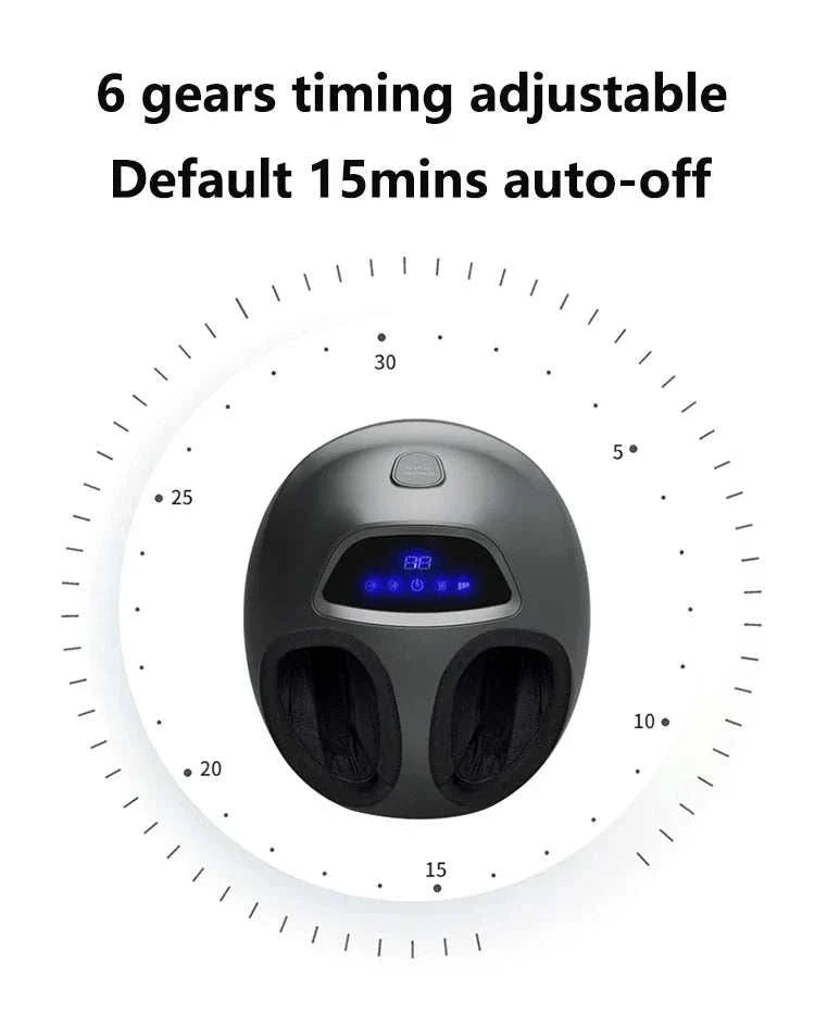 Shiatsu foot massager machine with air compression and deep kneading, featuring 6 gears timing adjustable and 15-minute auto-off.