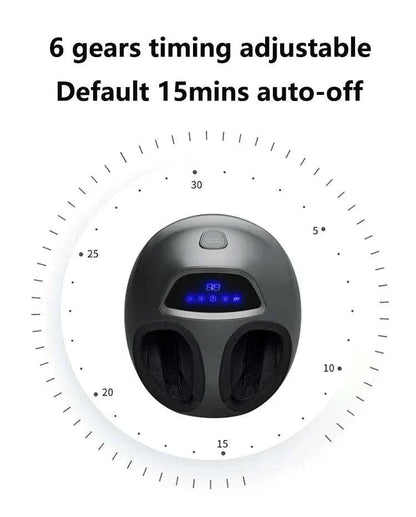 Shiatsu foot massager machine with air compression and deep kneading, featuring 6 gears timing adjustable and 15-minute auto-off.