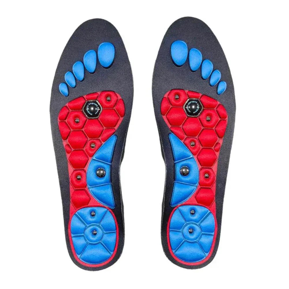 Acupressure insoles for foot fatigue relief with magnetic massage technology, black color, orthopedic supplies.