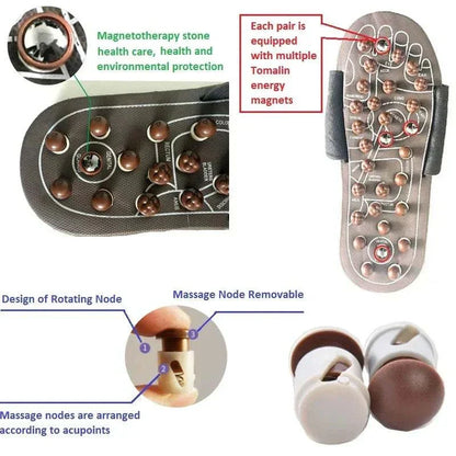 Foot massager acupuncture slippers with acupressure nodes for reflexology and magnetotherapy features.