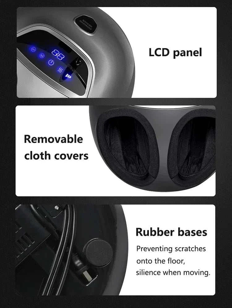 LCD panel and features of Shiatsu Foot Massager Machine with air compression and deep kneading functions.