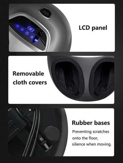 LCD panel and features of Shiatsu Foot Massager Machine with air compression and deep kneading functions.
