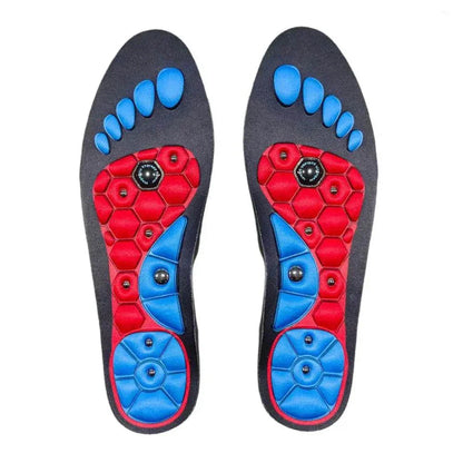 Acupressure insoles with magnetic massage technology for foot fatigue relief, black, non-slip design.