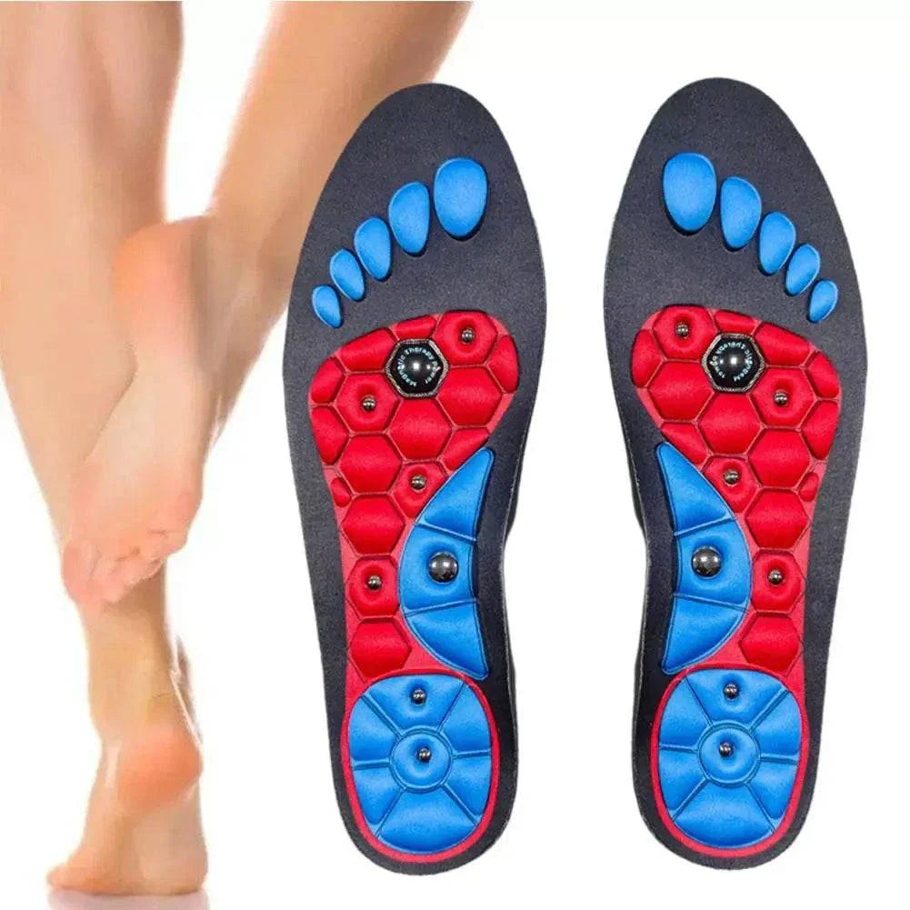 Acupressure insoles for foot fatigue relief with magnetic massage technology, ergonomic design, and odor control features.