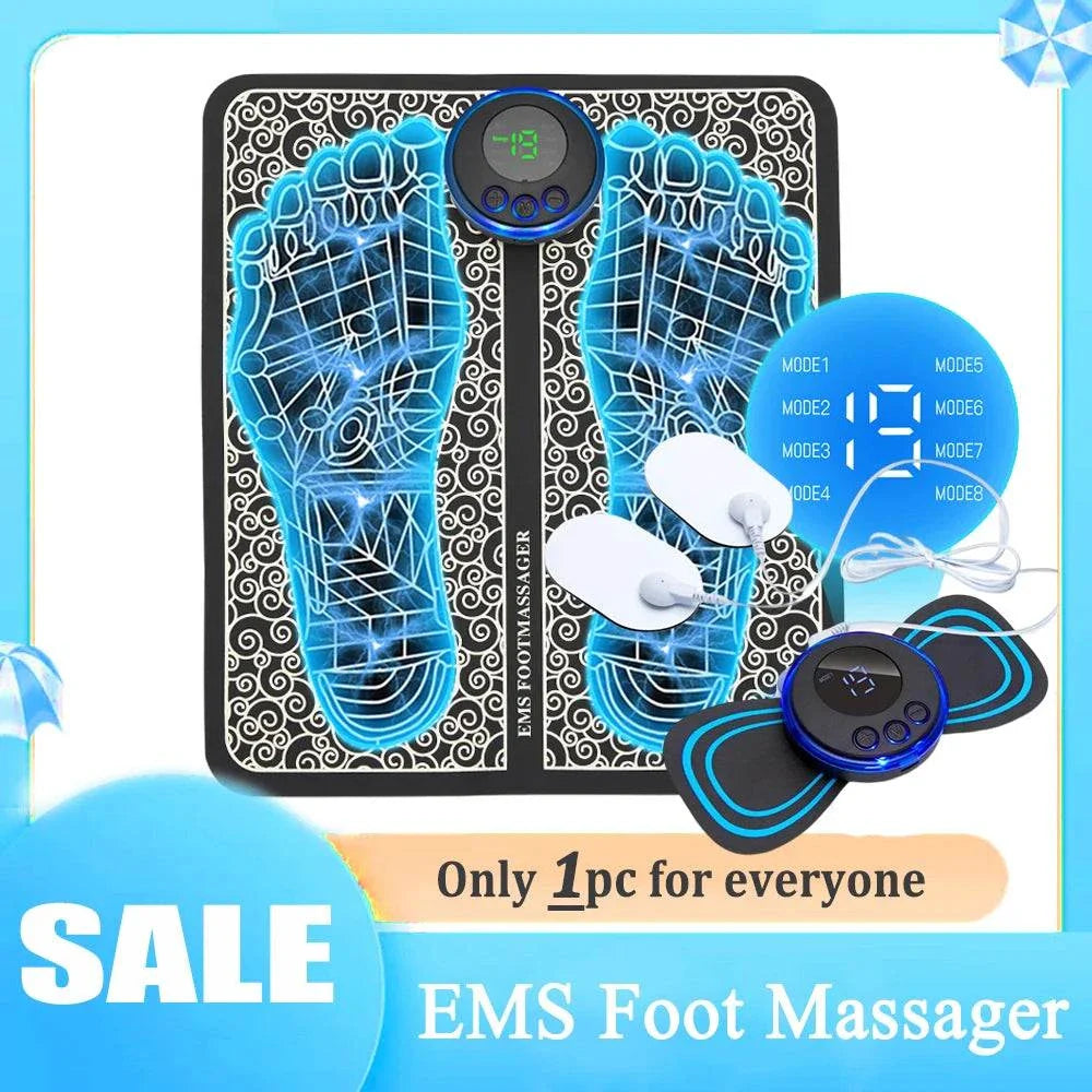 EMS foot massager mat with electric TENS pads, foldable design, muscle stimulation, 19 intensity levels, and 8 massage modes for pain relief and relaxation.