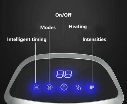 Shiatsu foot massager machine display with intelligent timing, modes, heating, and intensity controls.