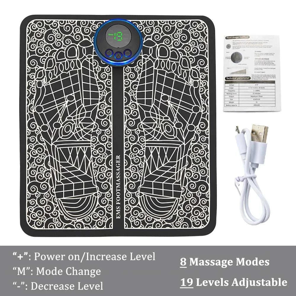 EMS Foot Massager Mat electric TENS foot massage pad with 8 modes and 19 intensity levels, foldable and rechargeable muscle stimulation mat with digital display and accessories