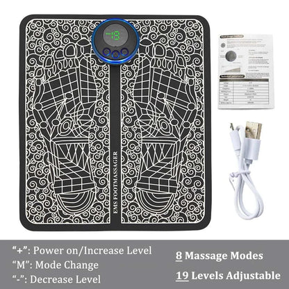 EMS Foot Massager Mat electric TENS foot massage pad with 8 modes and 19 intensity levels, foldable and rechargeable muscle stimulation mat with digital display and accessories