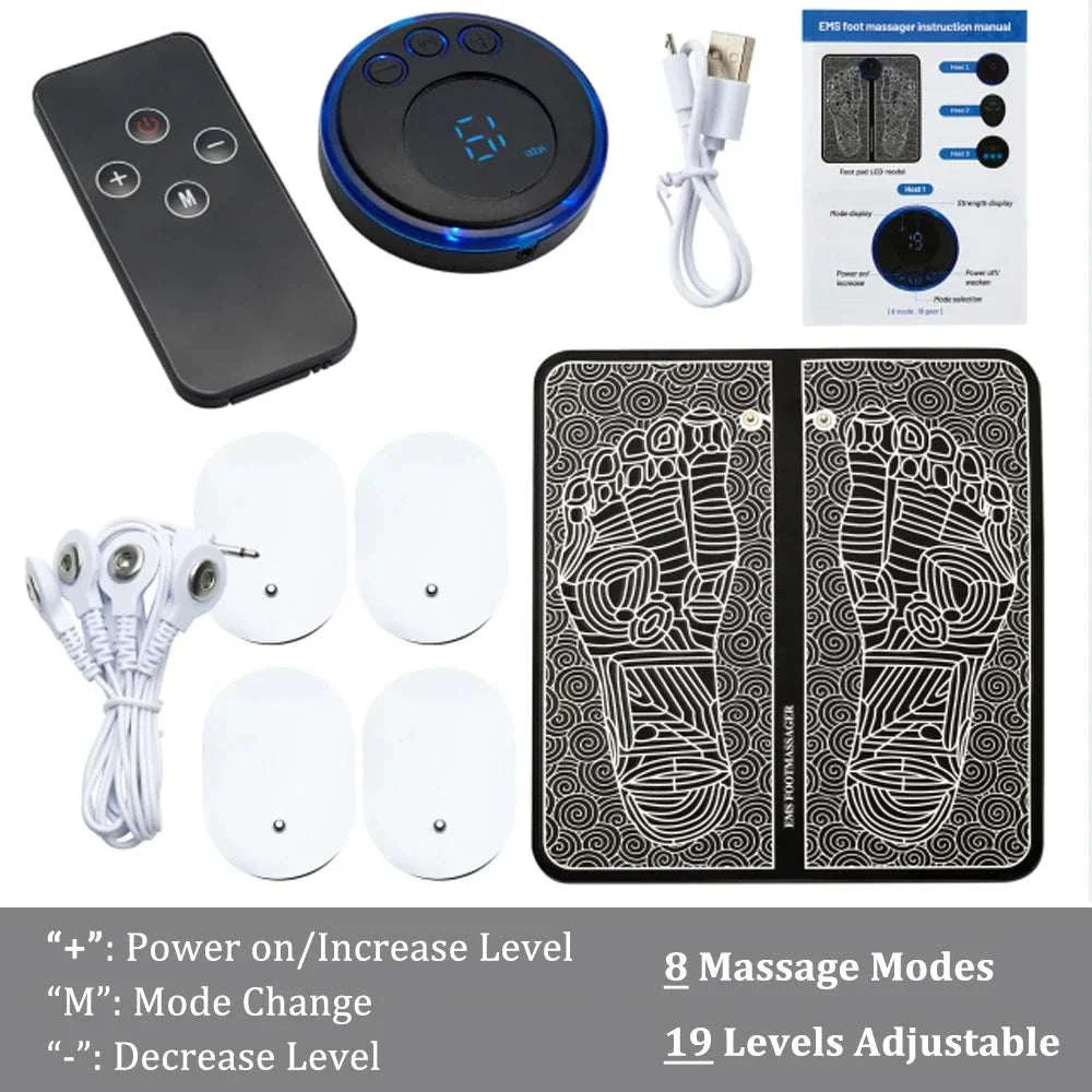 EMS foot massager mat with remote control, adjustable intensity levels, muscle stimulation pads, USB charger, and user manual for pain relief and relaxation