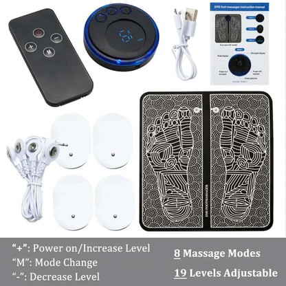 EMS foot massager mat with remote control, adjustable intensity levels, muscle stimulation pads, USB charger, and user manual for pain relief and relaxation