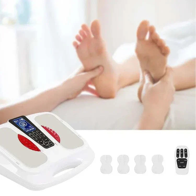 Ultimate EMS TENS Foot Massager with LCD display and remote control for pain relief and blood circulation enhancement.