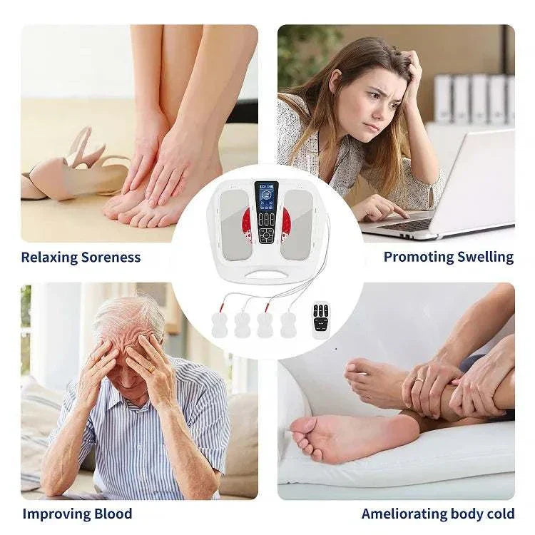 Ultimate EMS TENS Foot Massager promoting relaxation, reducing soreness, and enhancing blood circulation.