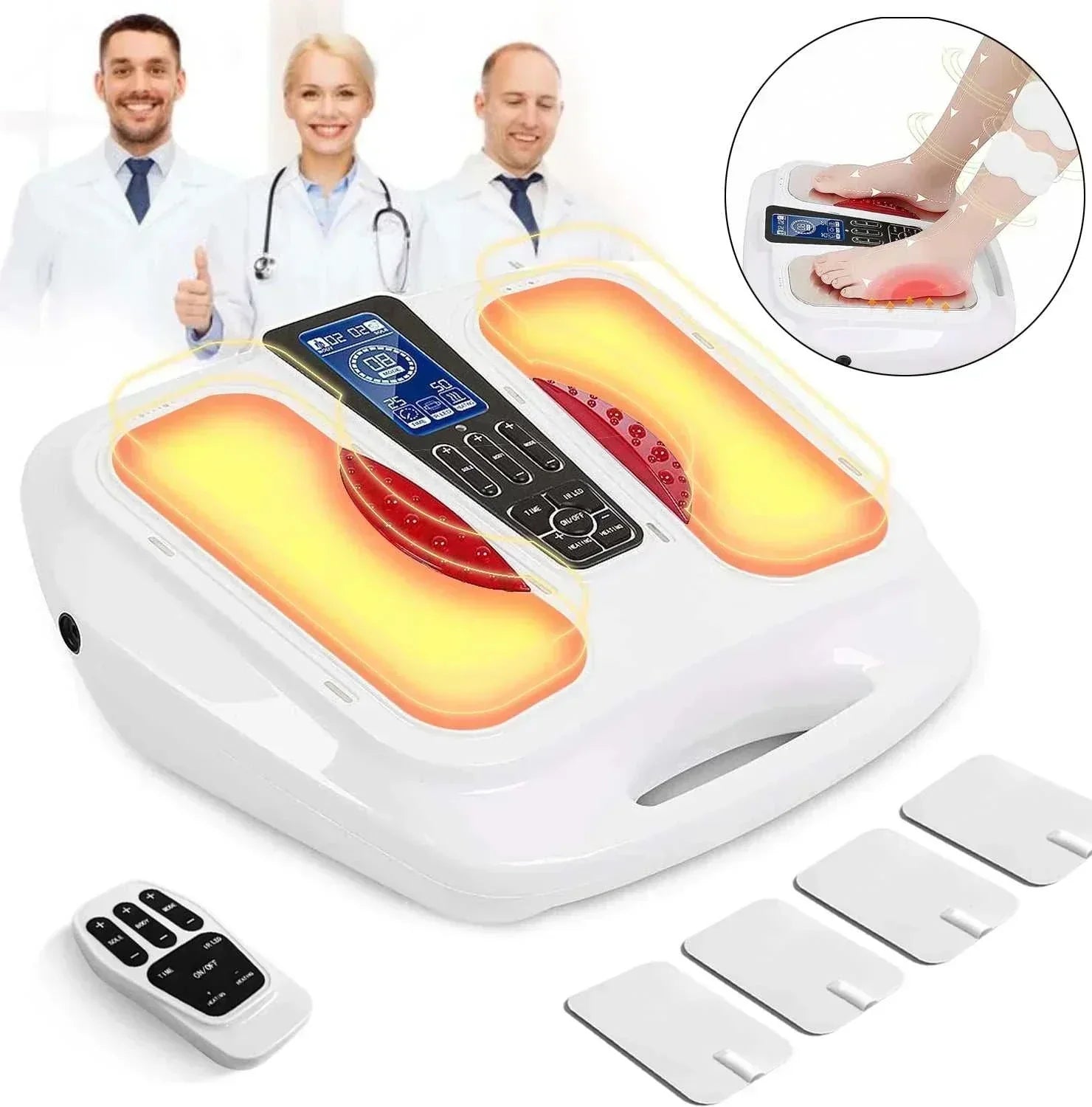 Ultimate EMS TENS Foot Massager with LCD and remote control, designed for pain relief and improved circulation.