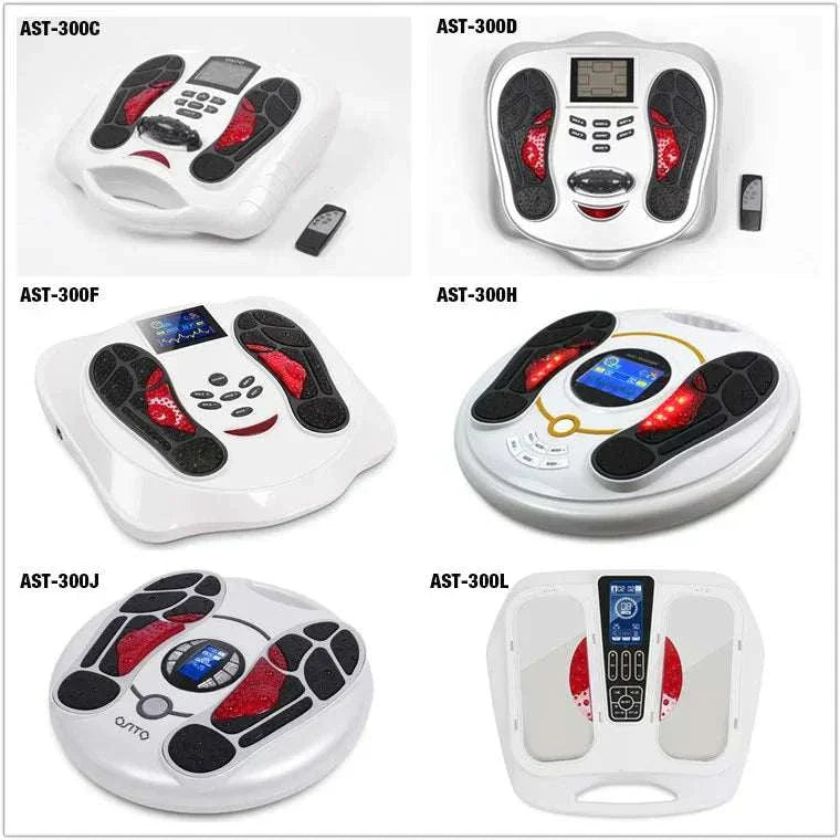 Ultimate EMS TENS Foot Massager with LCD and remote, 2023 model for blood circulation and pain relief.