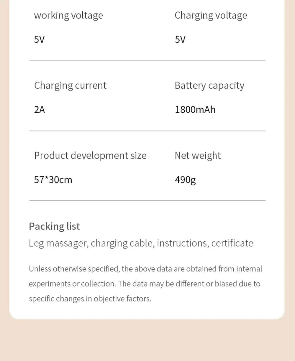 Best Electric leg massager specifications and packing list.