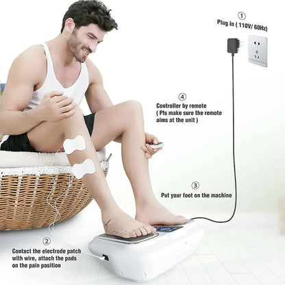 Ultimate EMS TENS Foot Massager in use for pain relief and improved blood circulation.